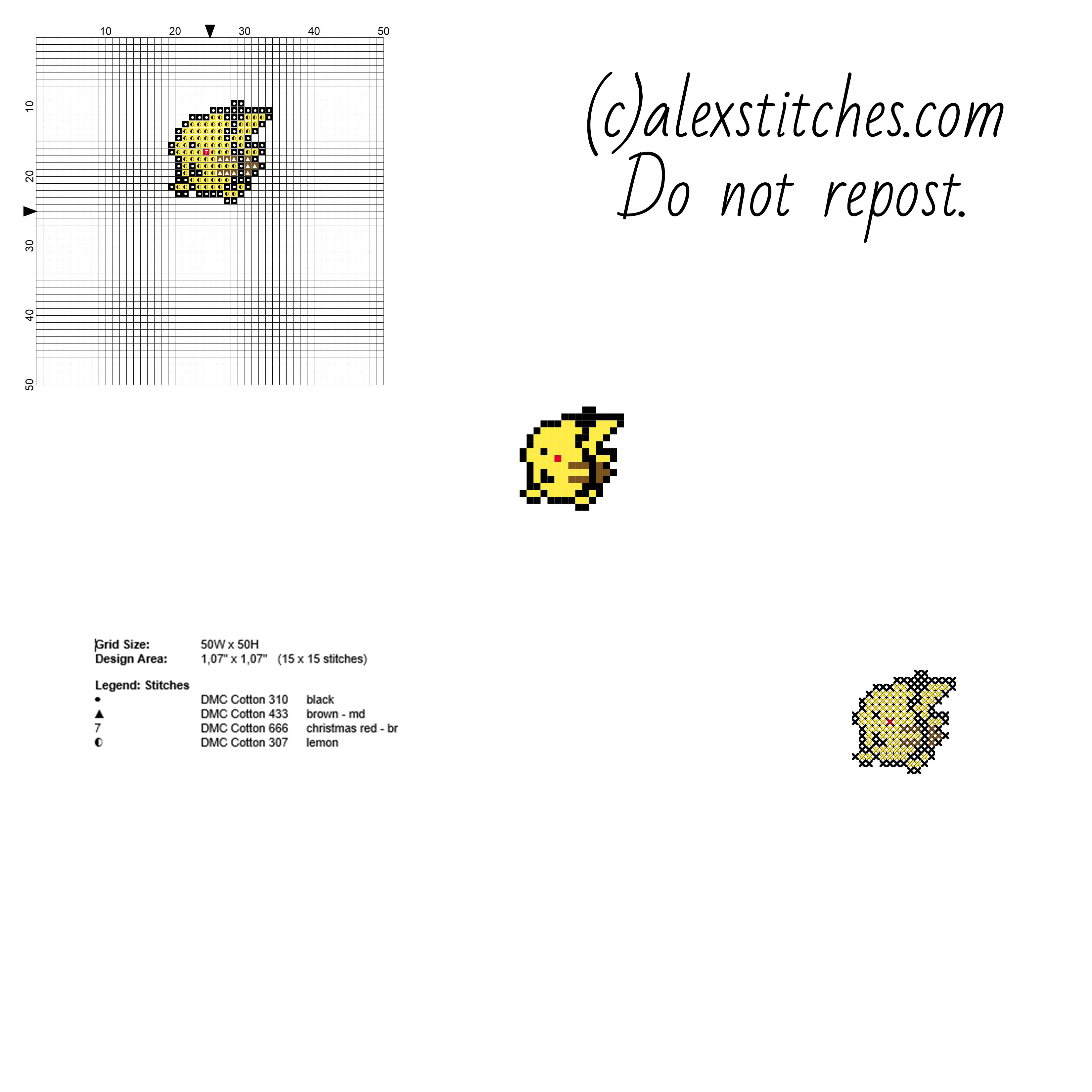 Retro Pikachu Pokemon colored small and free cross stitch pattern