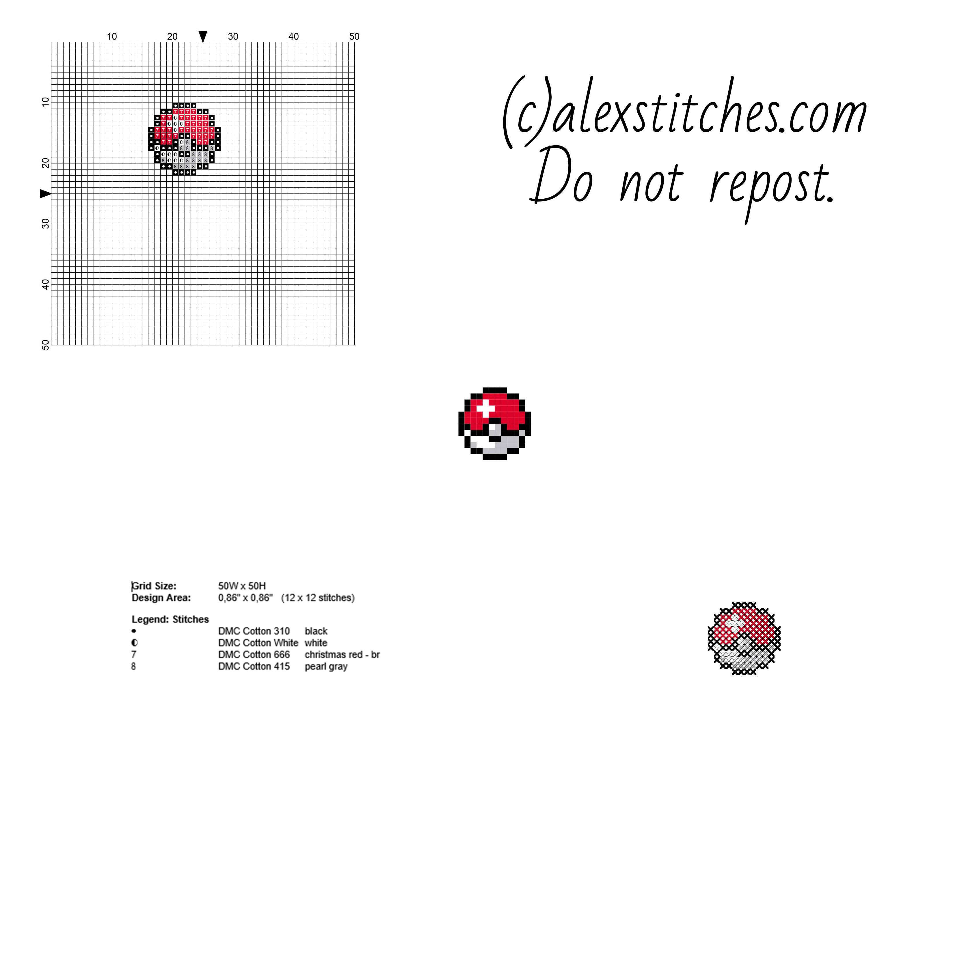 Retro Pokemon Pokeball colored very small and free cross stitch pattern