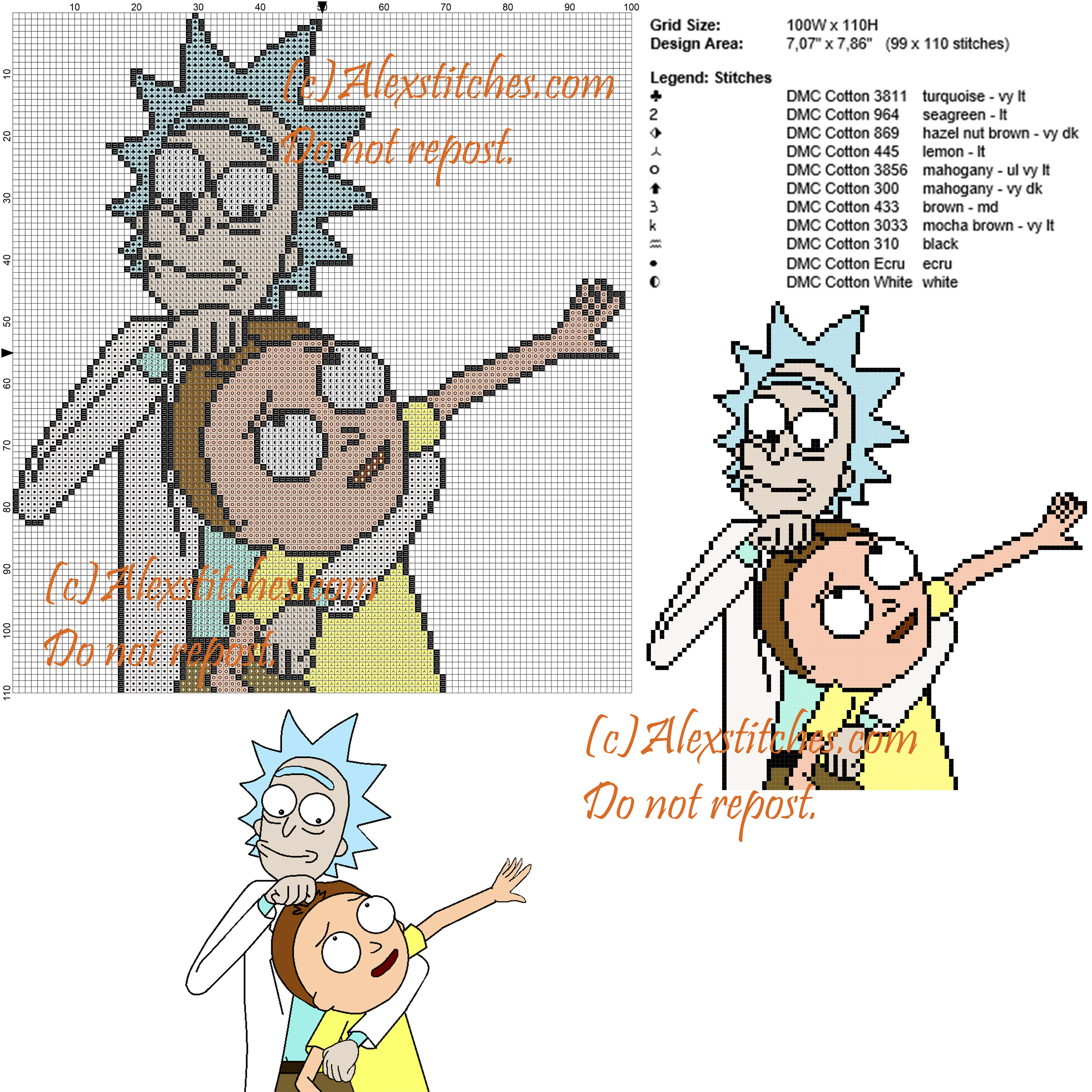 Rick and Morty cross stitch pattern 100x110 11 colors