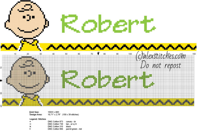Robert cross stitch baby male name with Peanuts Charlie Brown