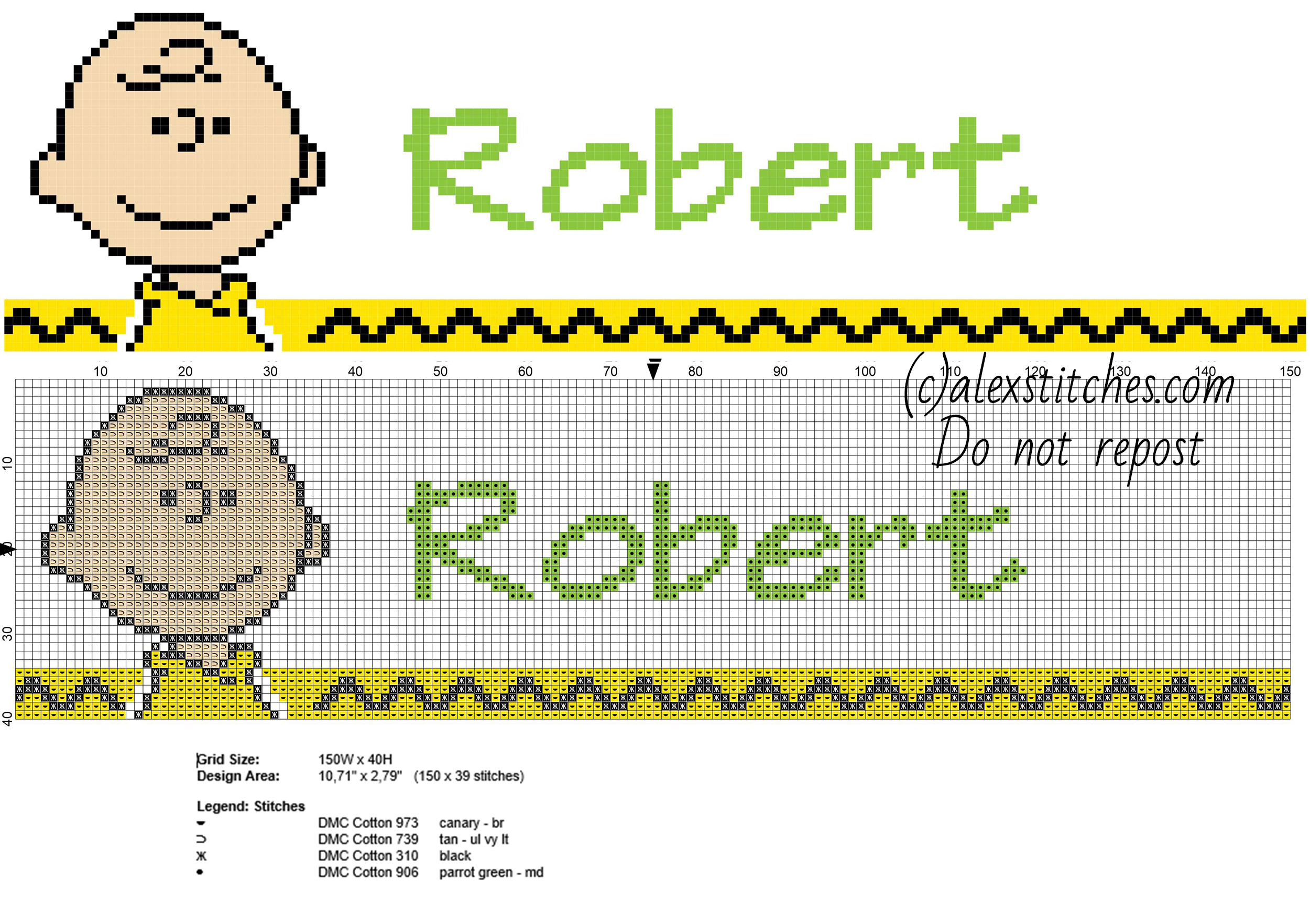 Robert cross stitch baby male name with Peanuts Charlie Brown