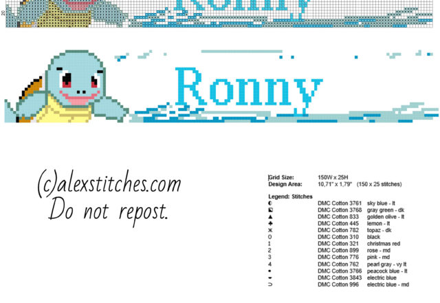 Ronny male name baby with Pokemon Squirtle and water free cross stitch pattern baby bibs idea