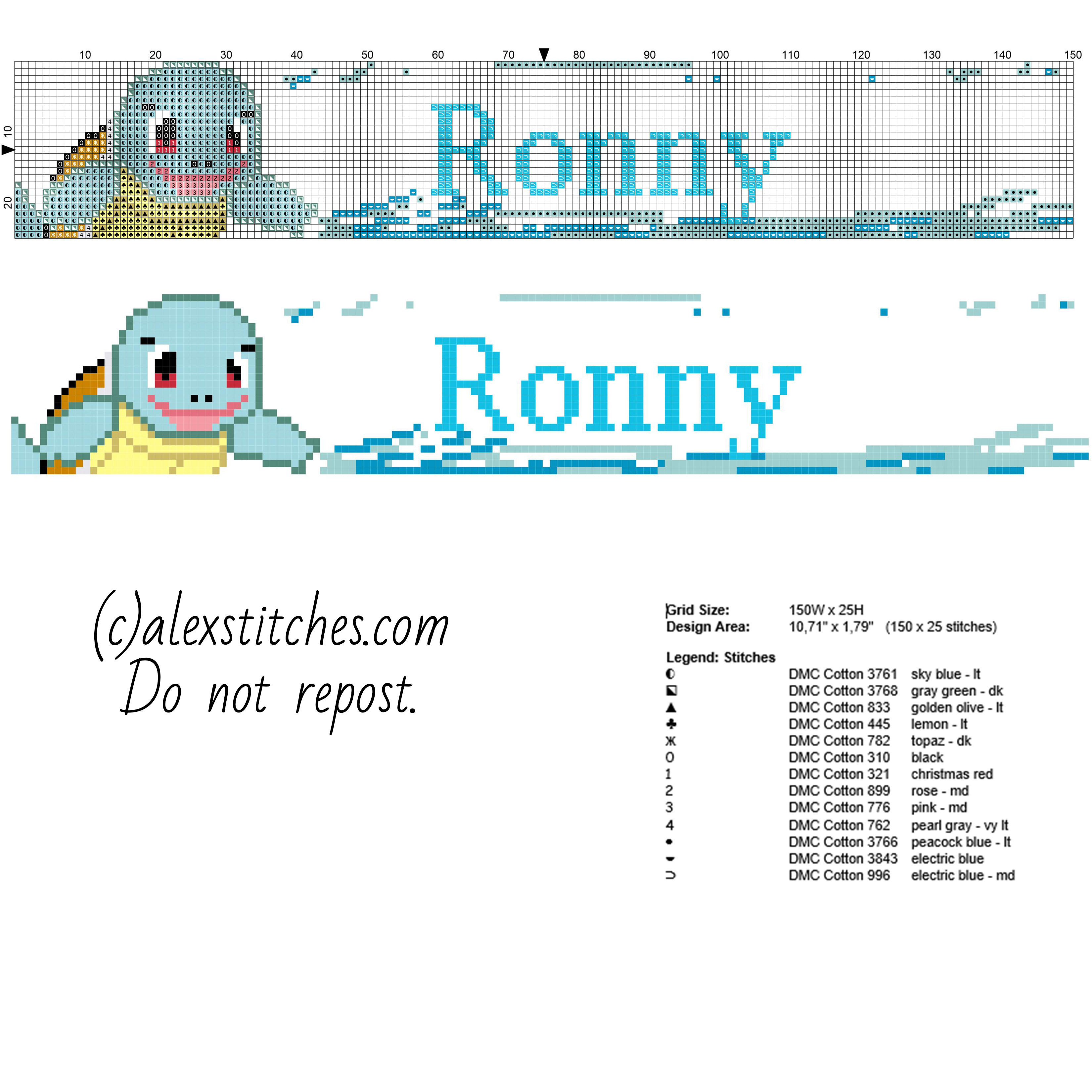 Ronny male name baby with Pokemon Squirtle and water free cross stitch pattern baby bibs idea