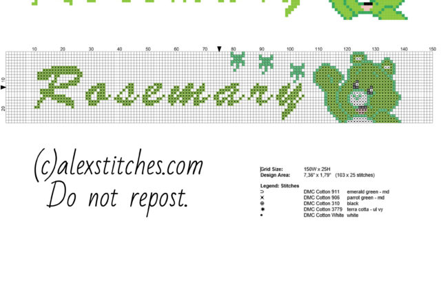 Rosemary female baby name with Good Luck Bear free cross stitch pattern download