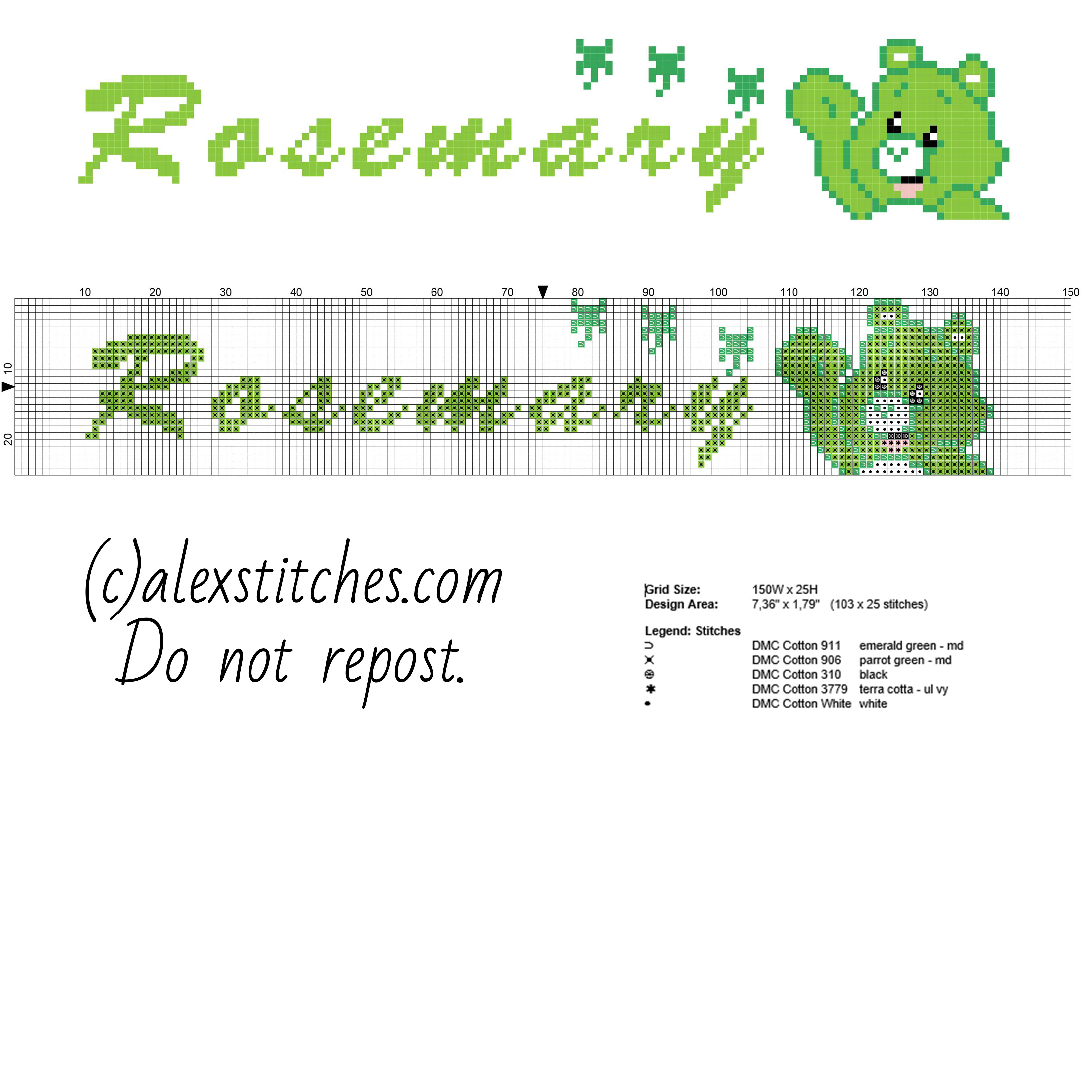 Rosemary female baby name with Good Luck Bear free cross stitch pattern download