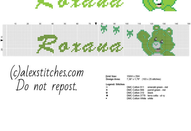 Roxana baby female name with Good Luck Bear free cross stitch name made with PcStitch