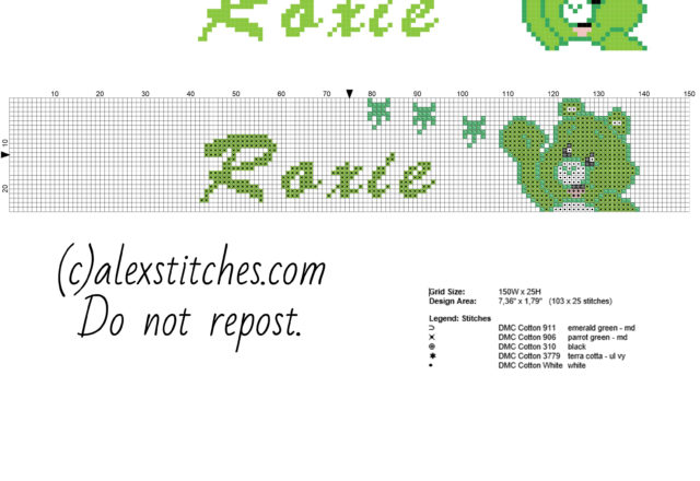 Roxie cross stitch baby female name with Care Bear Good Luck Bear