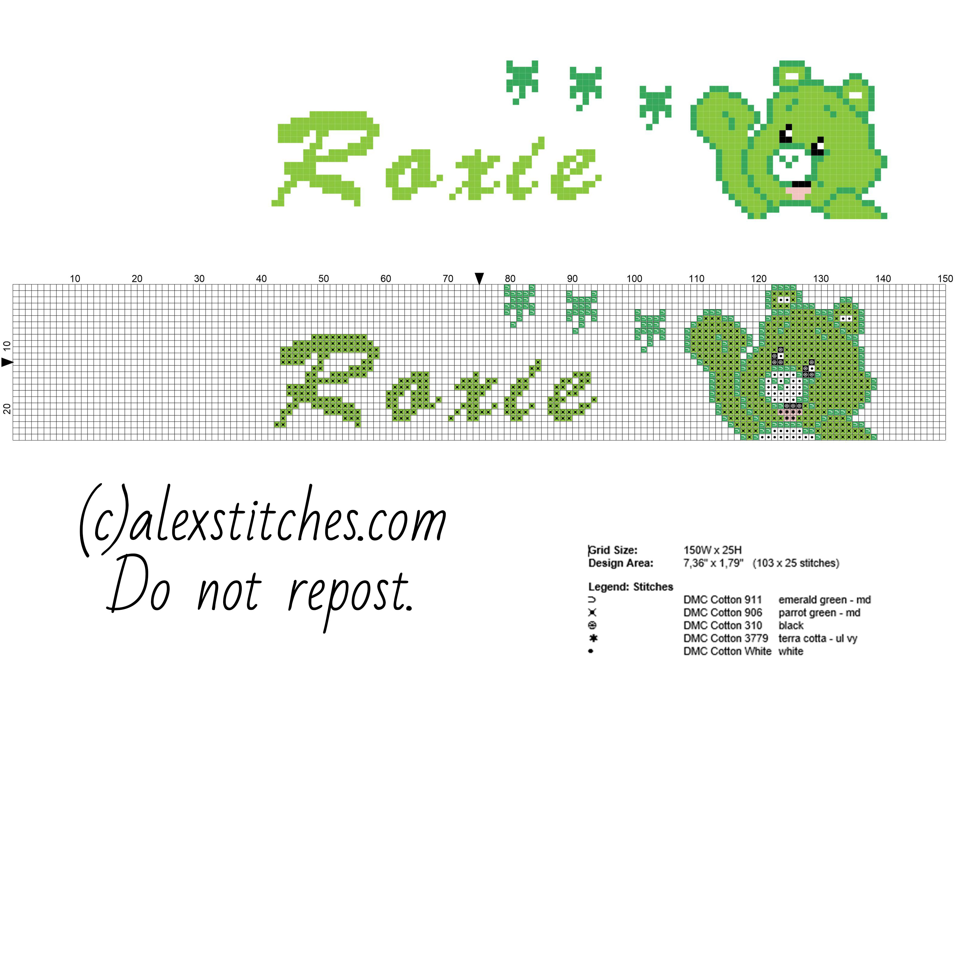 Roxie cross stitch baby female name with Care Bear Good Luck Bear