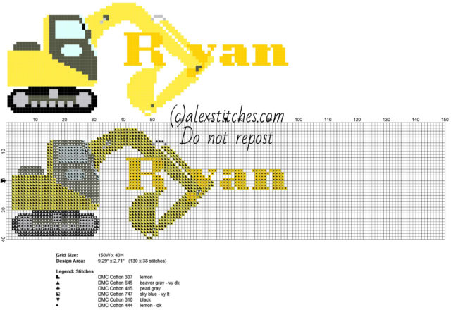 Ryan cross stitch baby male name with the excavator