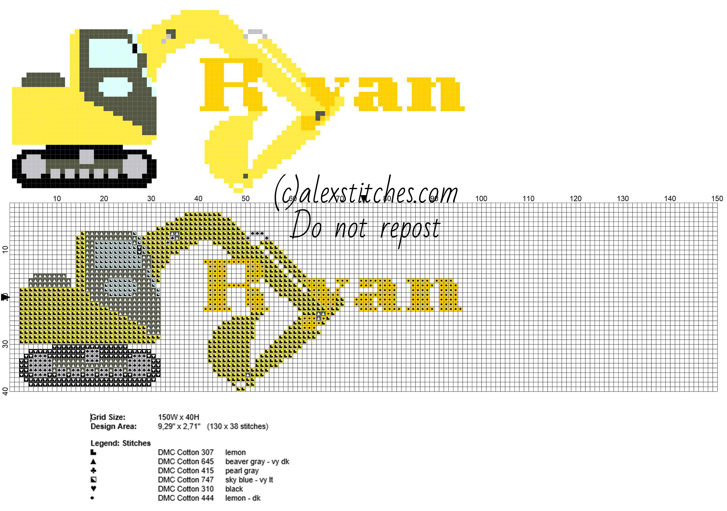 Ryan cross stitch baby male name with the excavator