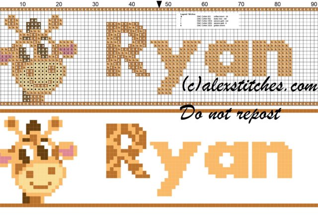 Ryan name with giraffe cross stitch pattern