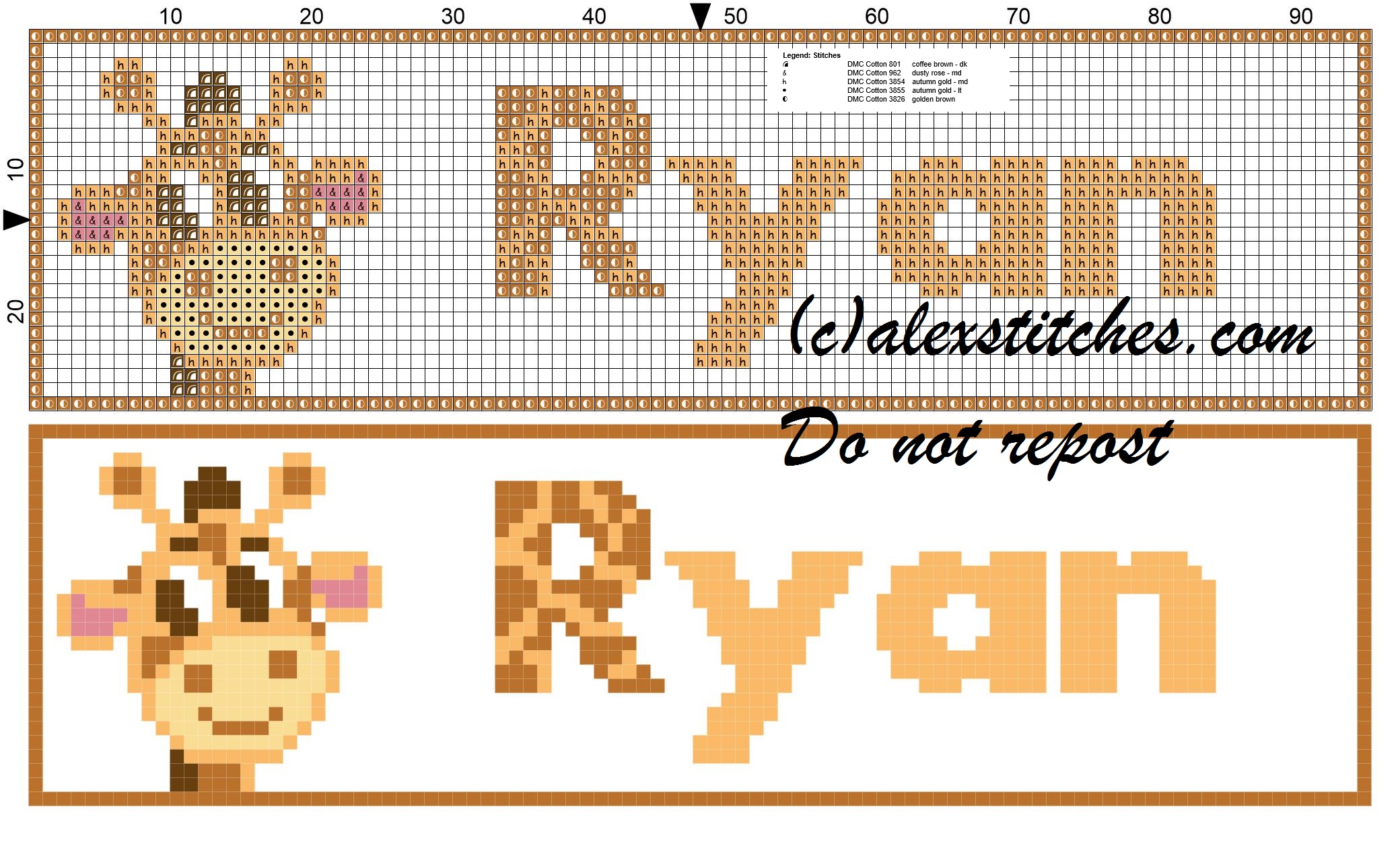 Ryan name with giraffe cross stitch pattern