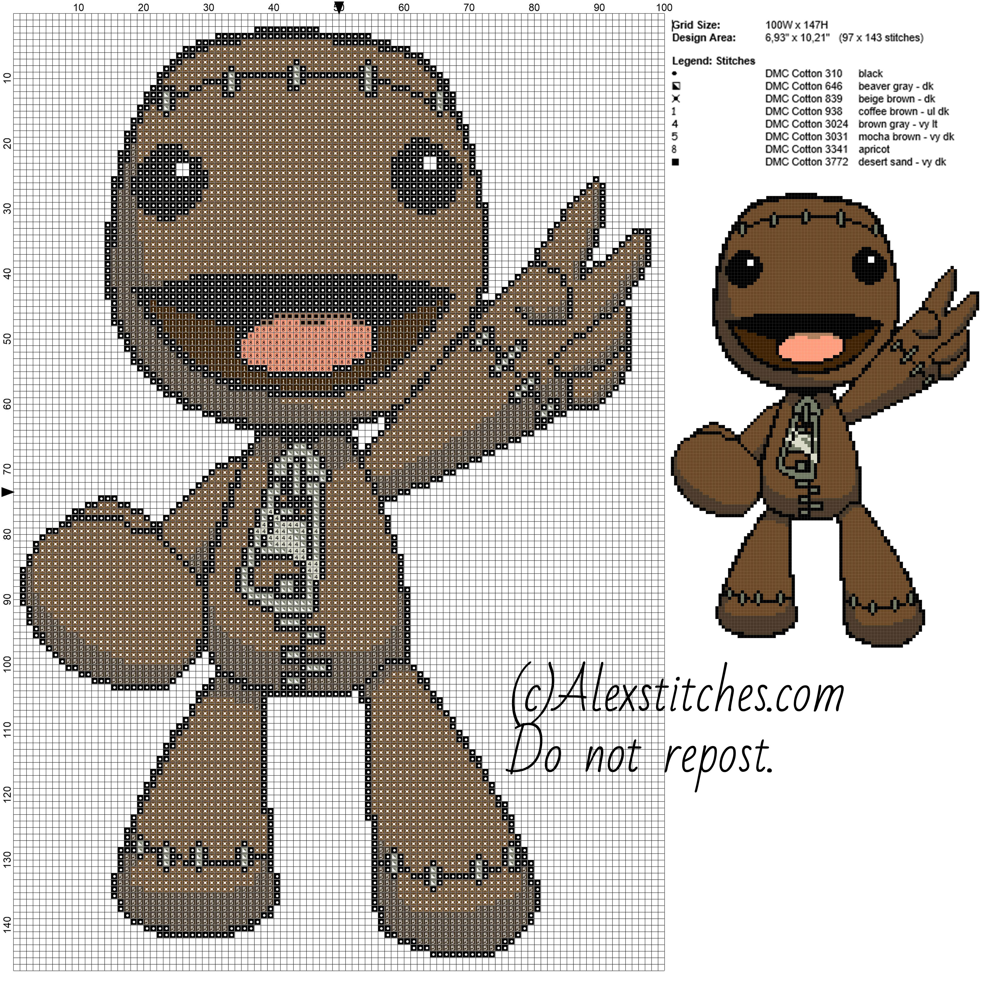 Sackboy Little Big Planet free videogames cross stitch pattern 100x150 8 colors