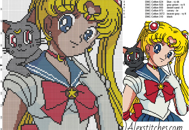Sailor Moon with black cat free cartoons cross stitch pattern 100x153 11 colors