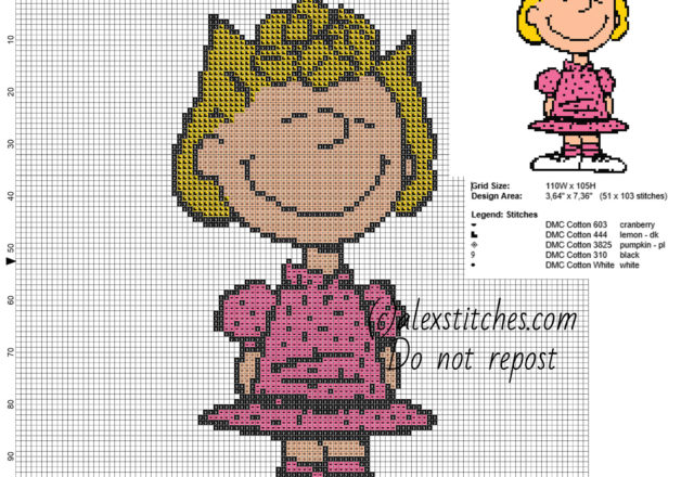 Sally Brown Peanuts cartoons character free cross stitch pattern