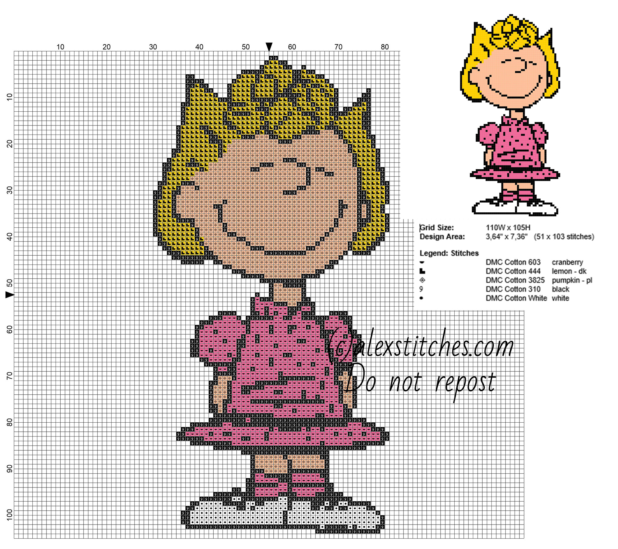 Sally Brown Peanuts cartoons character free cross stitch pattern