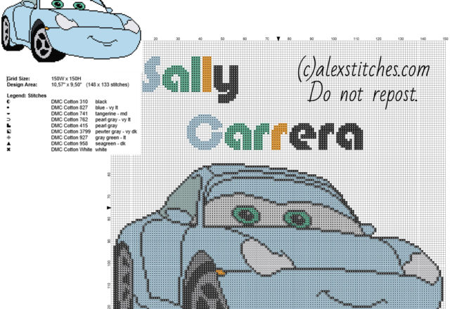 Sally Carrera Disney Cars cartoon character free cross stitch pattern big size 150 stitches