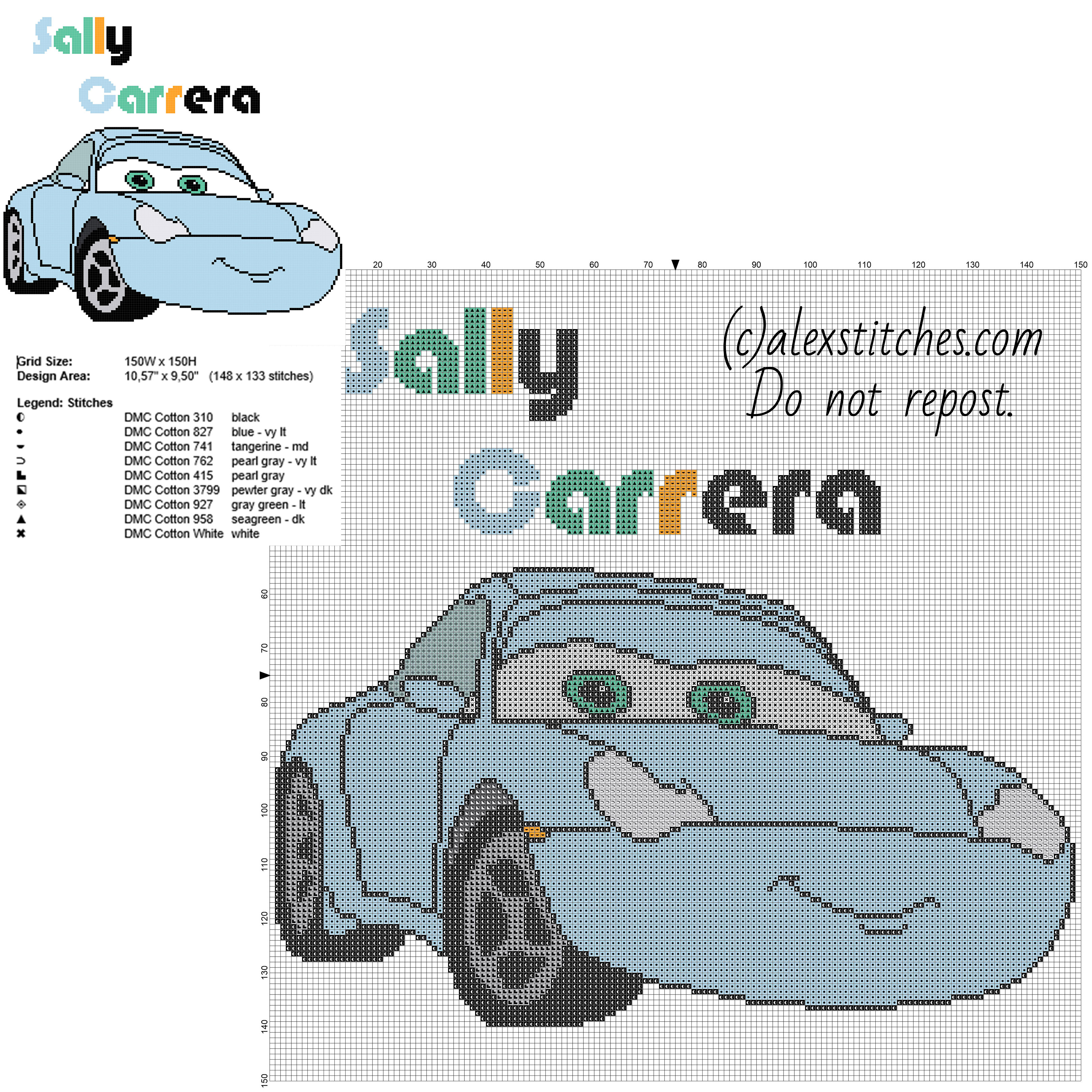 Sally Carrera Disney Cars cartoon character free cross stitch pattern big size 150 stitches