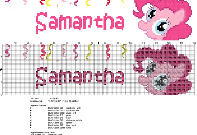 Samantha cross stitch baby name with Pinkie Pie My Little Pony cartoons character