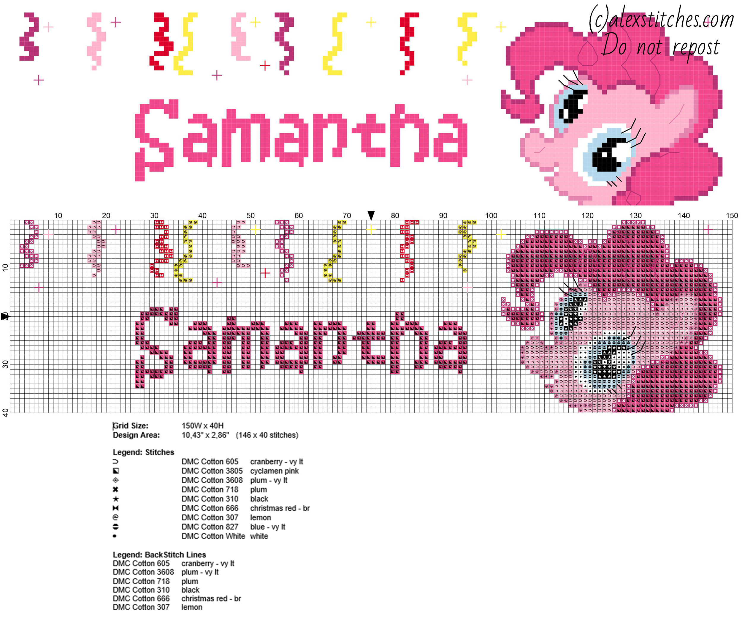 Samantha cross stitch baby name with Pinkie Pie My Little Pony cartoons character