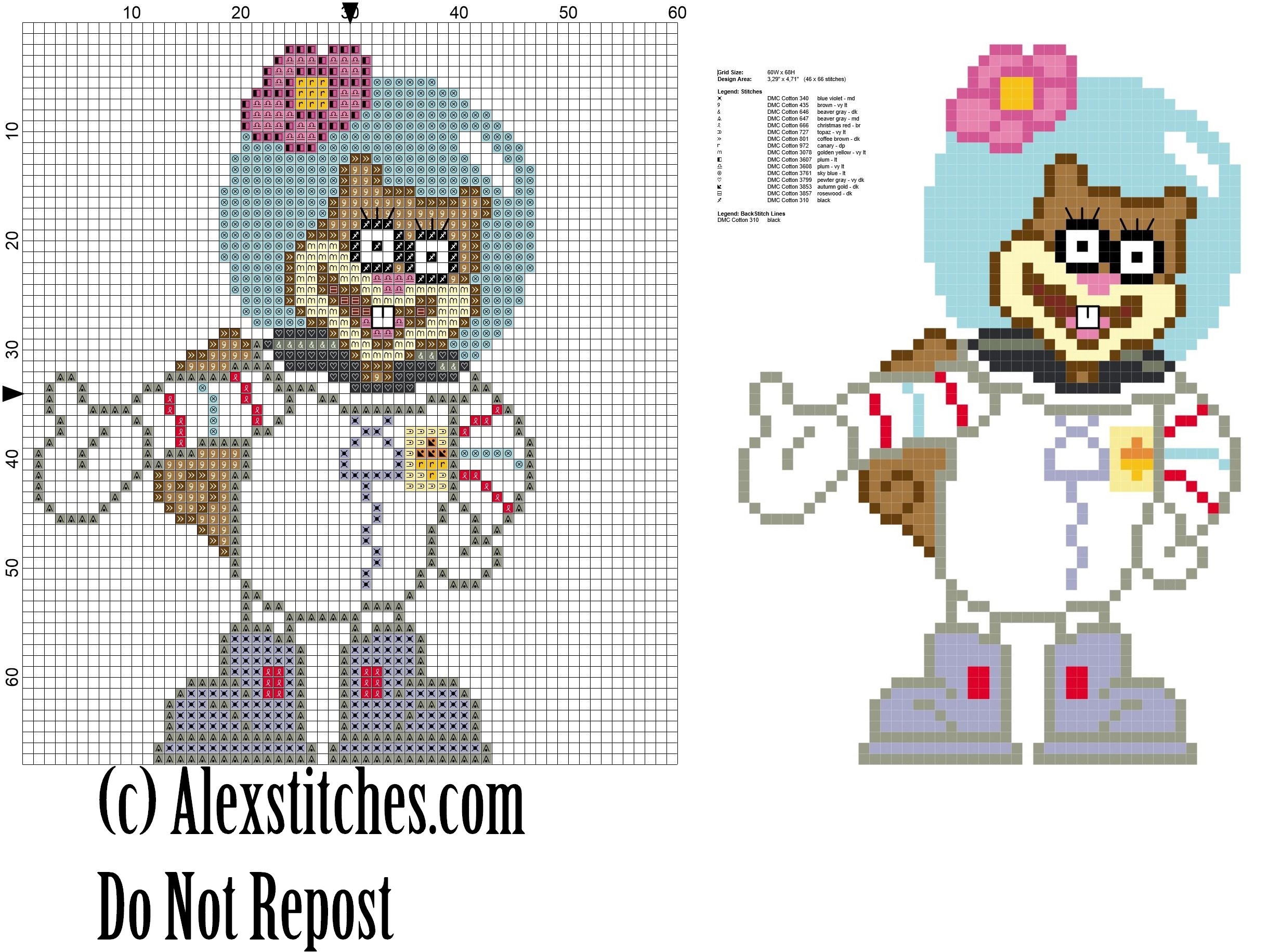 Sandy Cheeks squirrel spongebob free cross stitch pattern