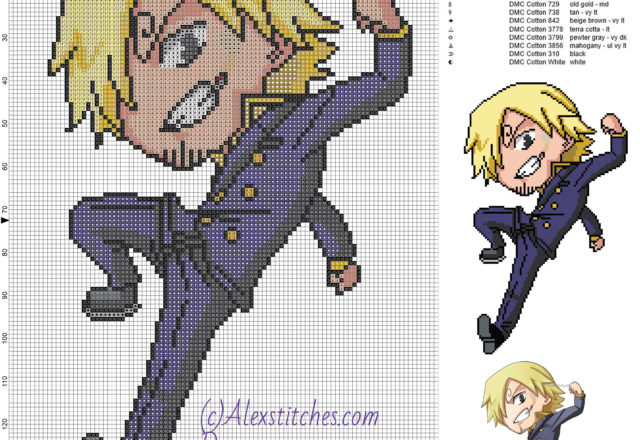 Sanji (One Piece) free cross stitch pattern 100x145 15 colors