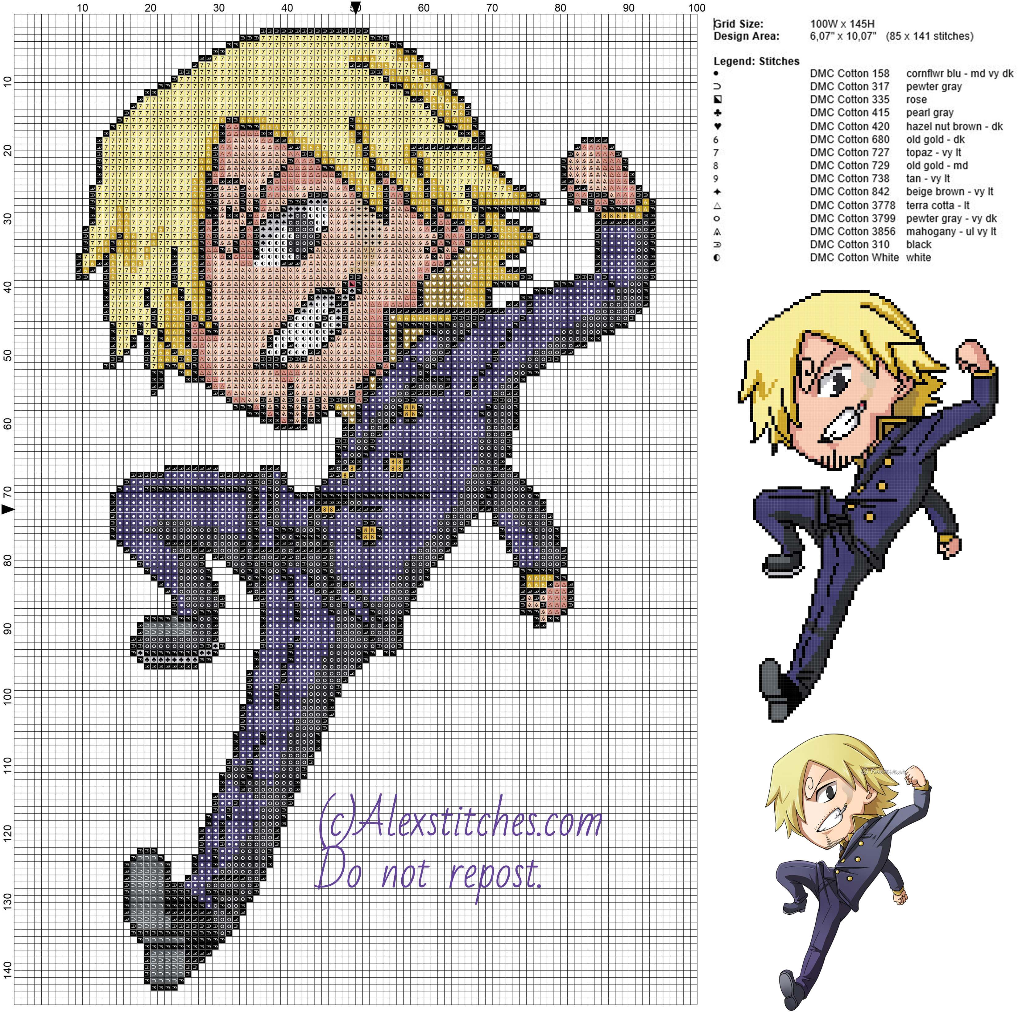 Sanji (One Piece) free cross stitch pattern 100x145 15 colors