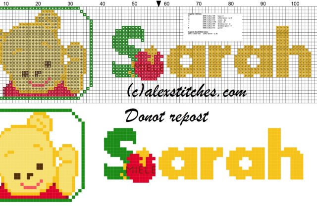Sarah name with Baby winnie the pooh free cross stitches pattern