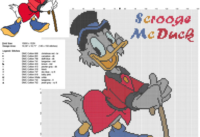 Scrooge McDuck Disney Mickey Mouse character big size 150 stitches free cross stitch pattern