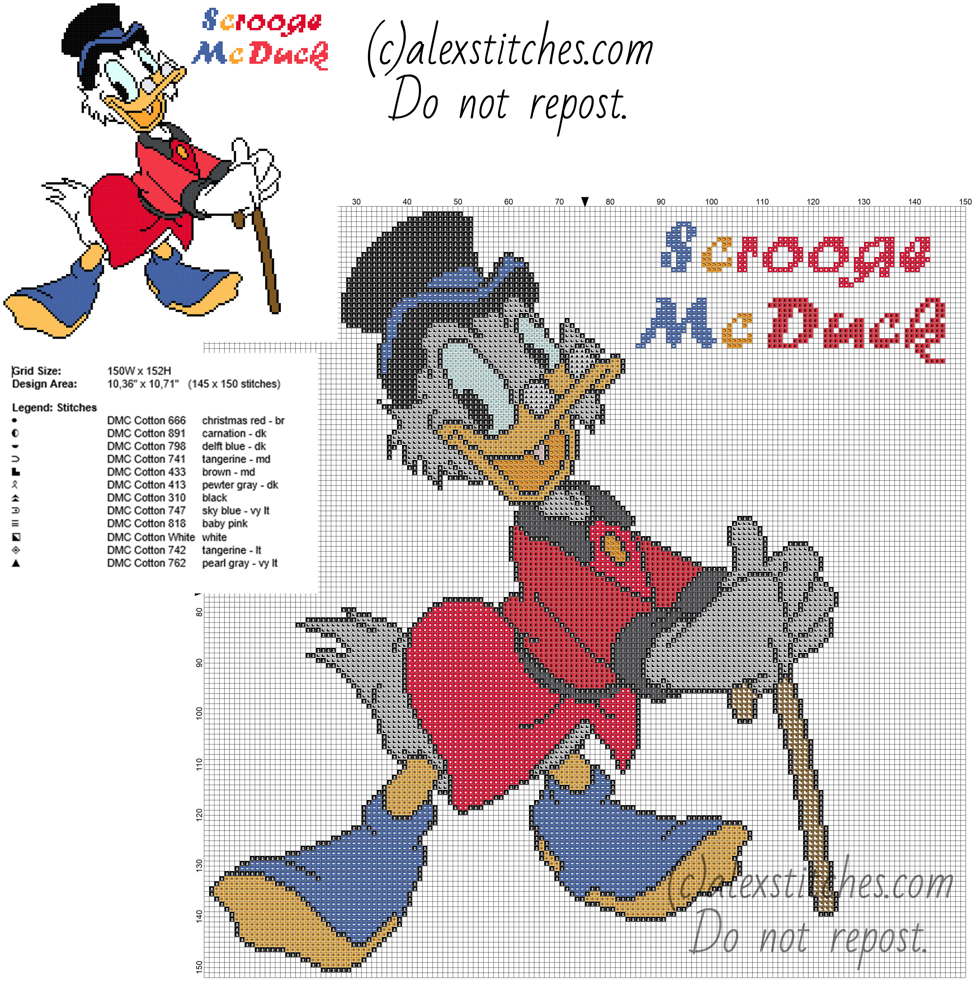 Scrooge McDuck Disney Mickey Mouse character big size 150 stitches free cross stitch pattern