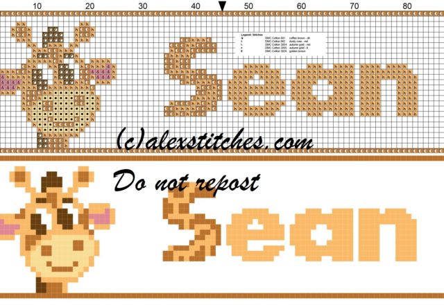 Sean name with giraffe cross stitch pattern