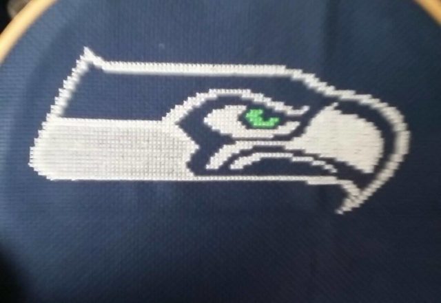 Seattle Seahawks logo cross stitch work photo Author Facebook Fan Gina Carpenter