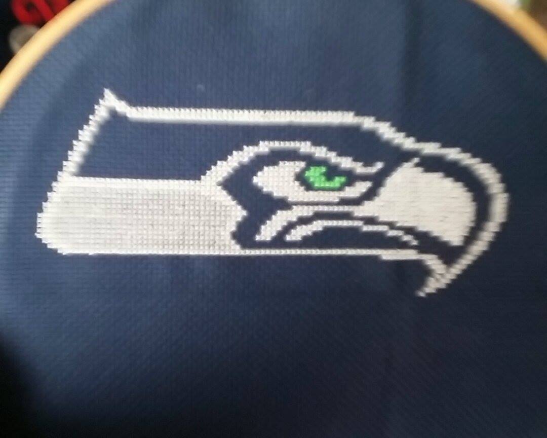 Seattle Seahawks logo cross stitch work photo Author Facebook Fan Gina Carpenter