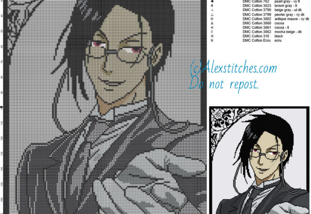 Sebastian (The Black Butler) free cross stitch pattern 133x199 16 colors