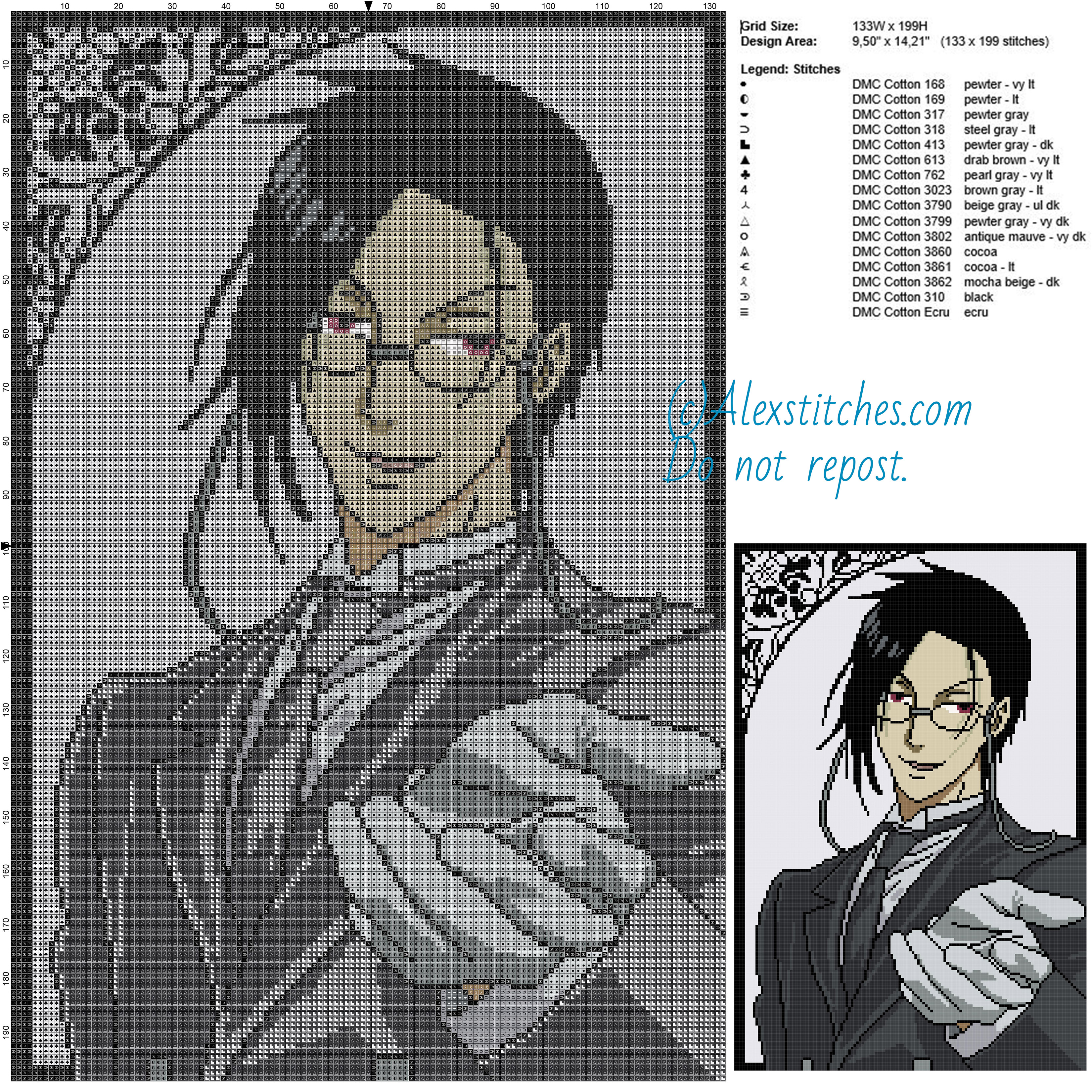 Sebastian (The Black Butler) free cross stitch pattern 133x199 16 colors