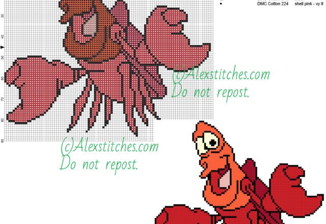 Sebastian The Little Marmaid free cross stitch pattern 100x90 6 colors