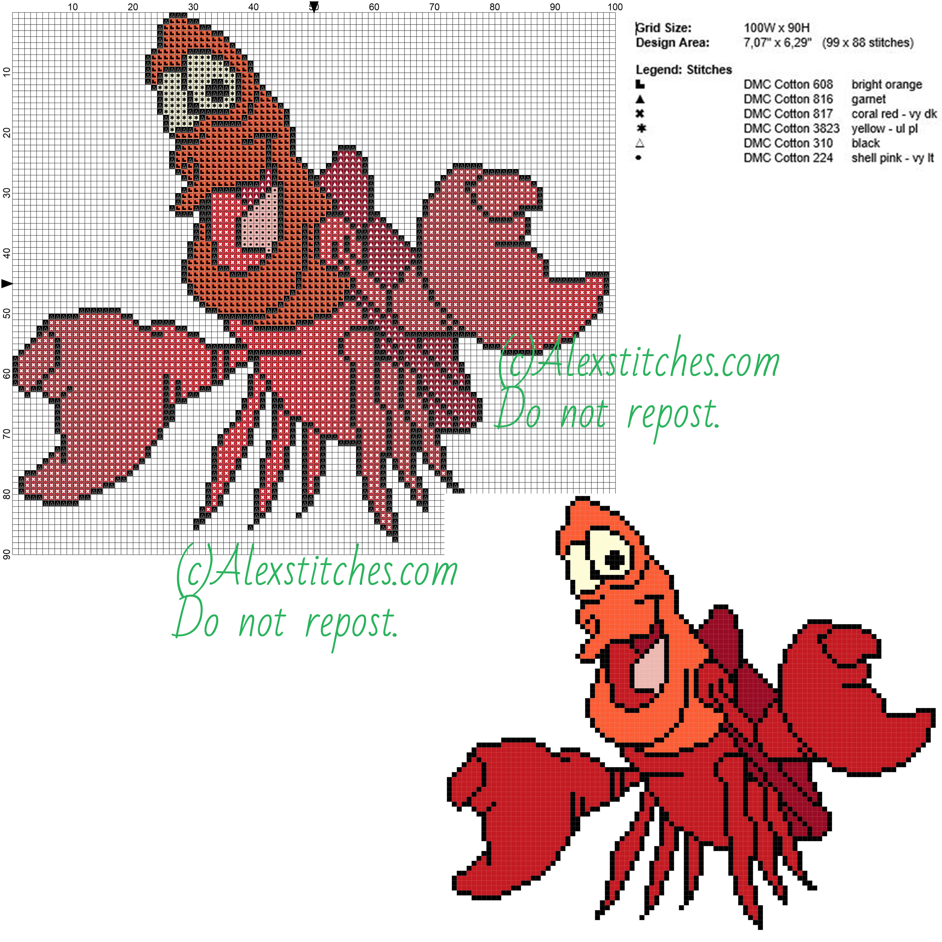 Sebastian The Little Marmaid free cross stitch pattern 100x90 6 colors