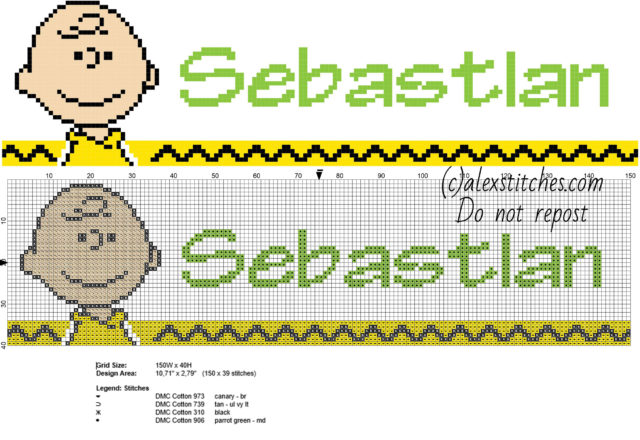 Sebastian cross stitch baby male name with Charlie Brown Peanuts