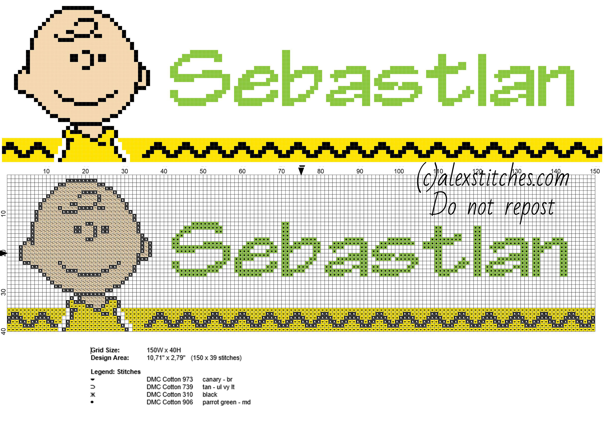 Sebastian cross stitch baby male name with Charlie Brown Peanuts