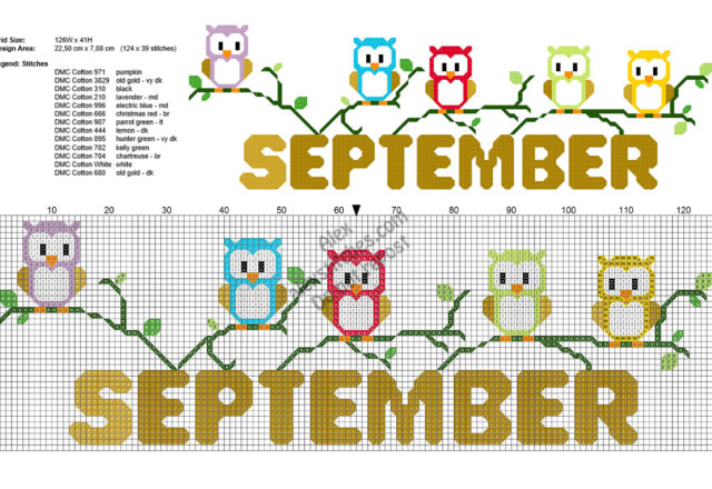 September owls free cross stitch pattern ideal for home dishtowels 124x39