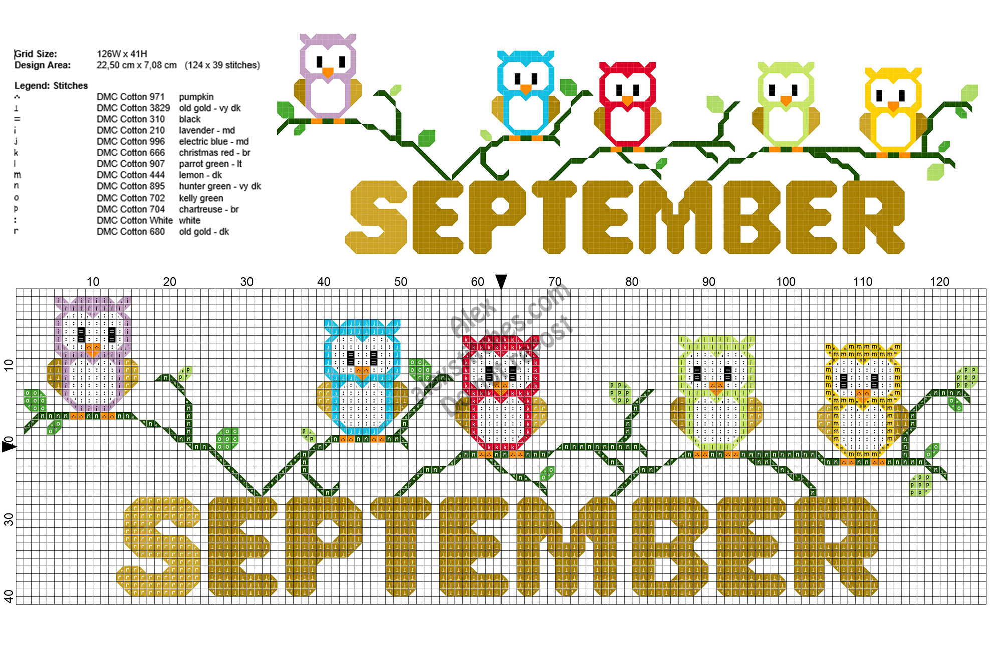 September owls free cross stitch pattern ideal for home dishtowels 124x39