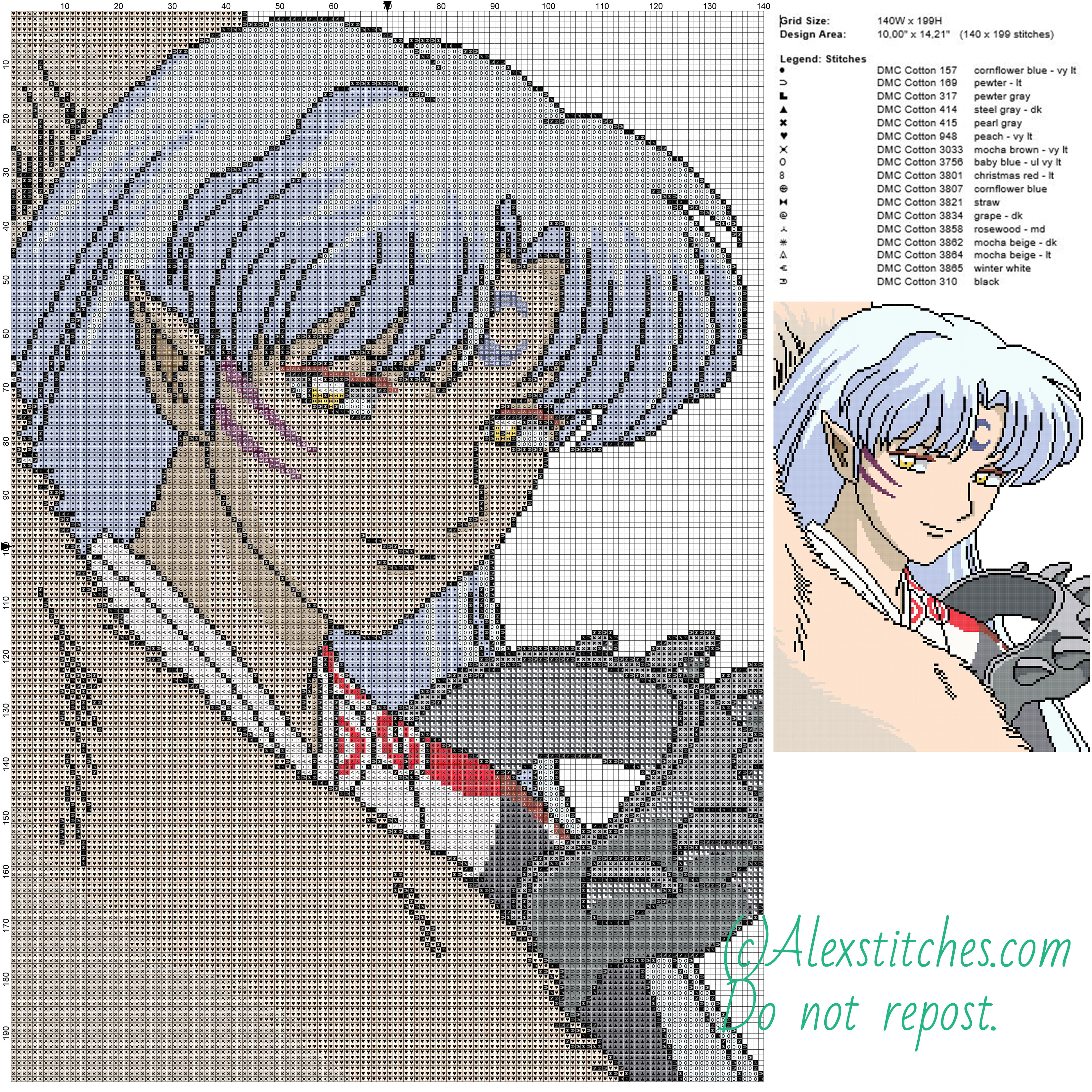 Sesshomaru 2 free cross stitch pattern 140x199 17 colors