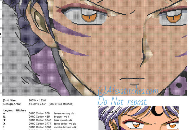 Sesshomaru 3 free cross stitch pattern of Inuyasha 200x133 13 colors