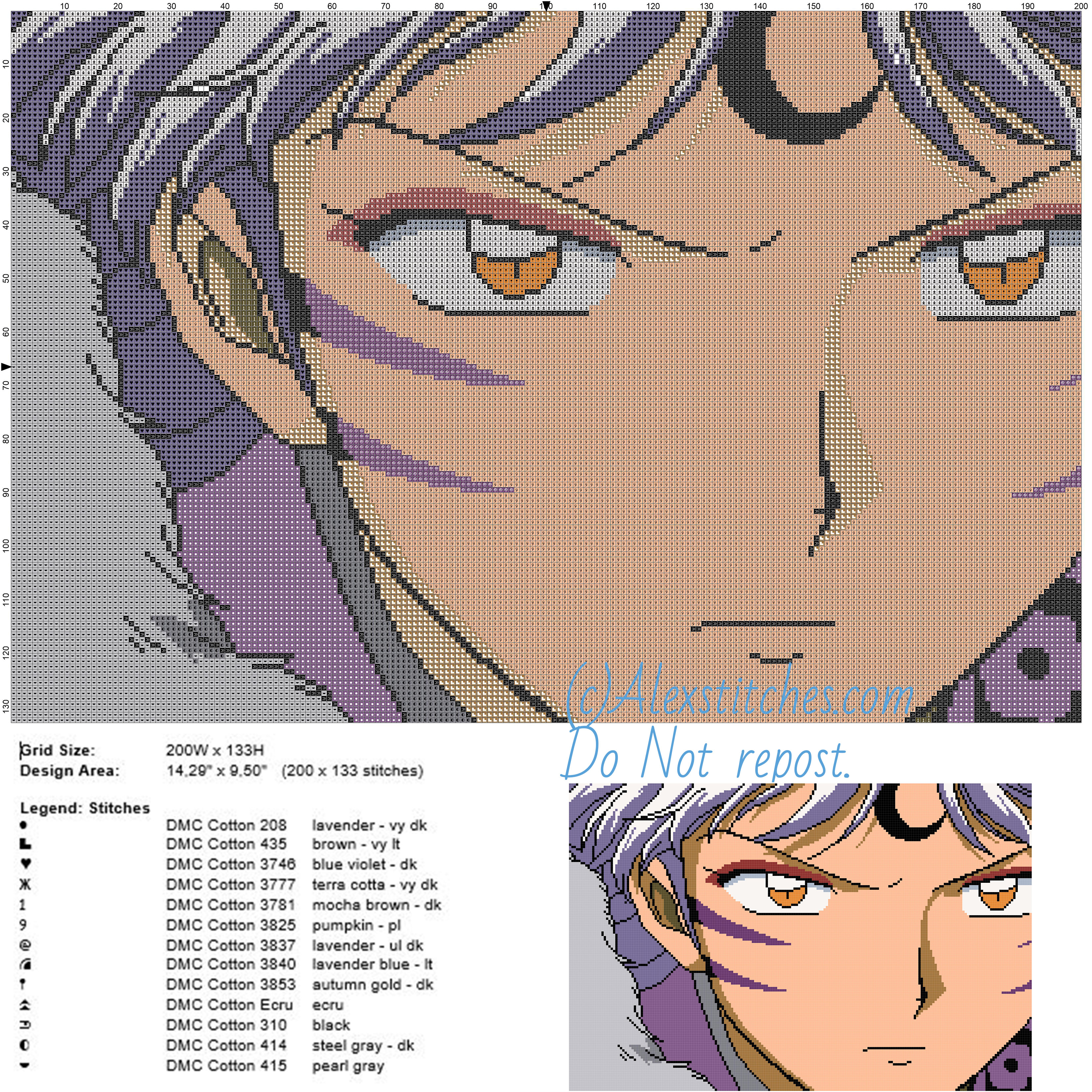 Sesshomaru 3 free cross stitch pattern of Inuyasha 200x133 13 colors