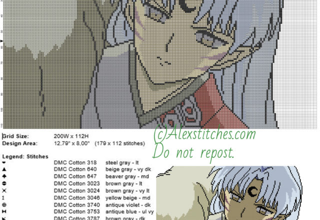 Sesshomaru Inuyasha free cross stitch pattern 200x115 15 colors