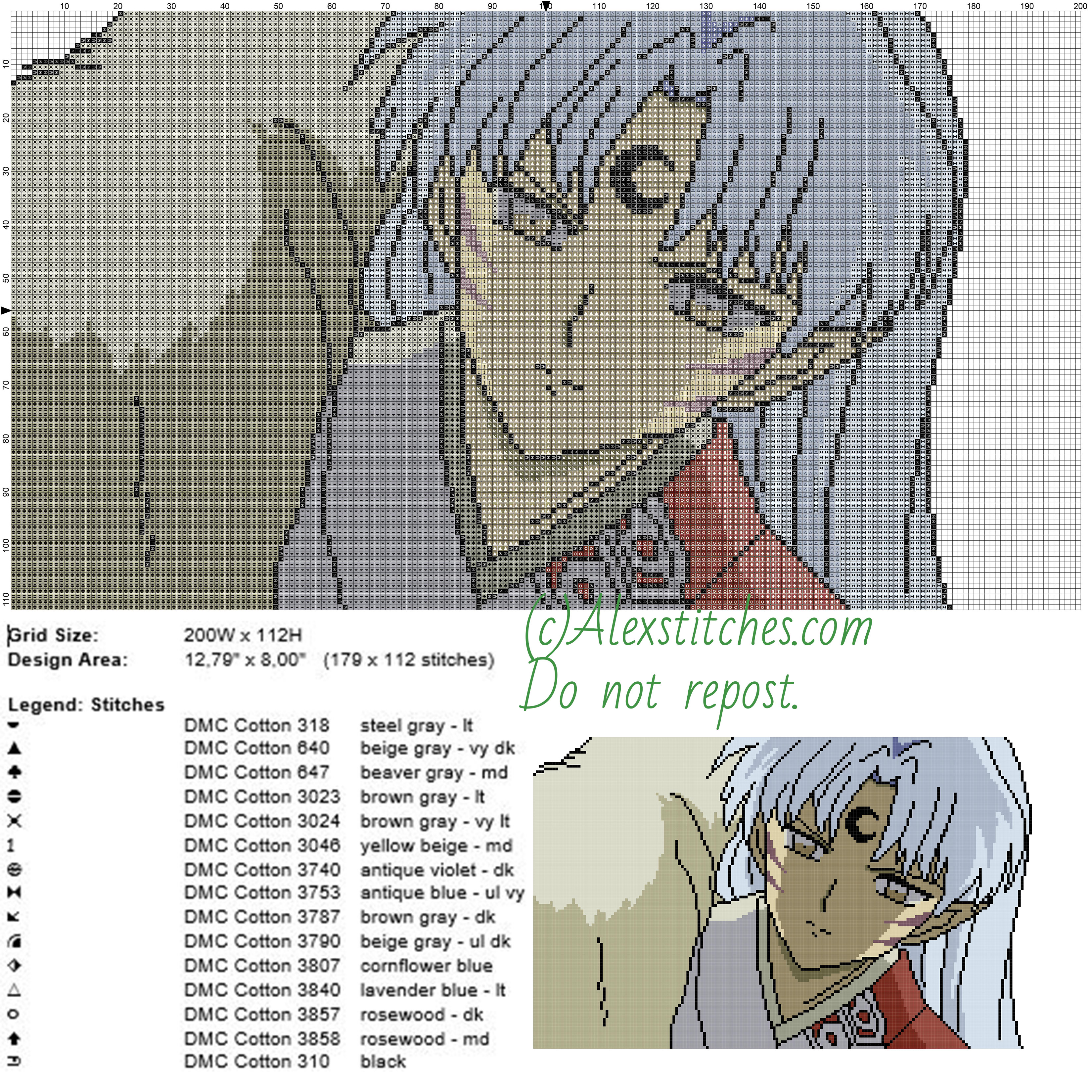 Sesshomaru Inuyasha free cross stitch pattern 200x115 15 colors