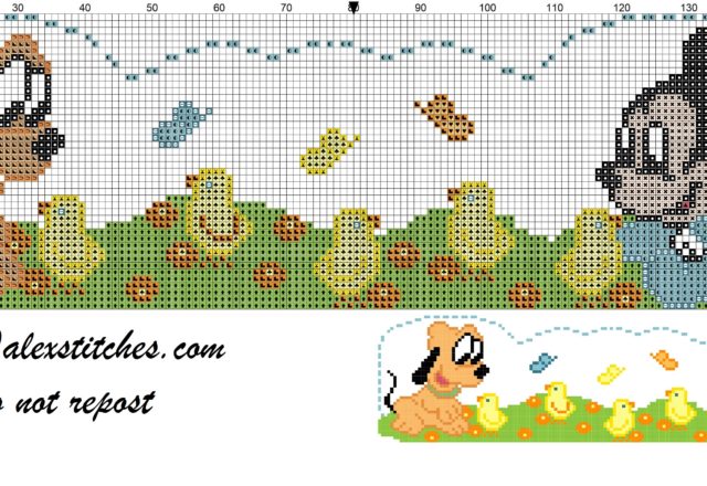 Sheet with baby Mickey Mouse, Pluto and zebra cross stitch pattern