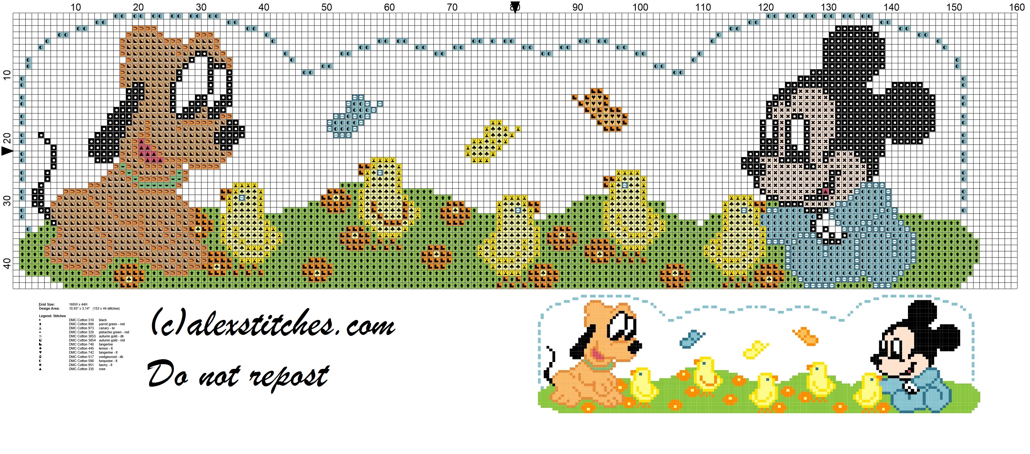 Sheet with baby Mickey Mouse, Pluto and zebra cross stitch pattern
