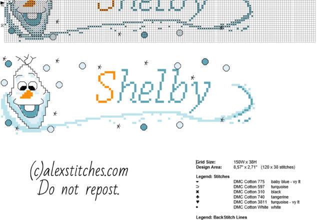 Shelby cross stitch baby name with Disney Olaf Frozen free cross stitch pattern