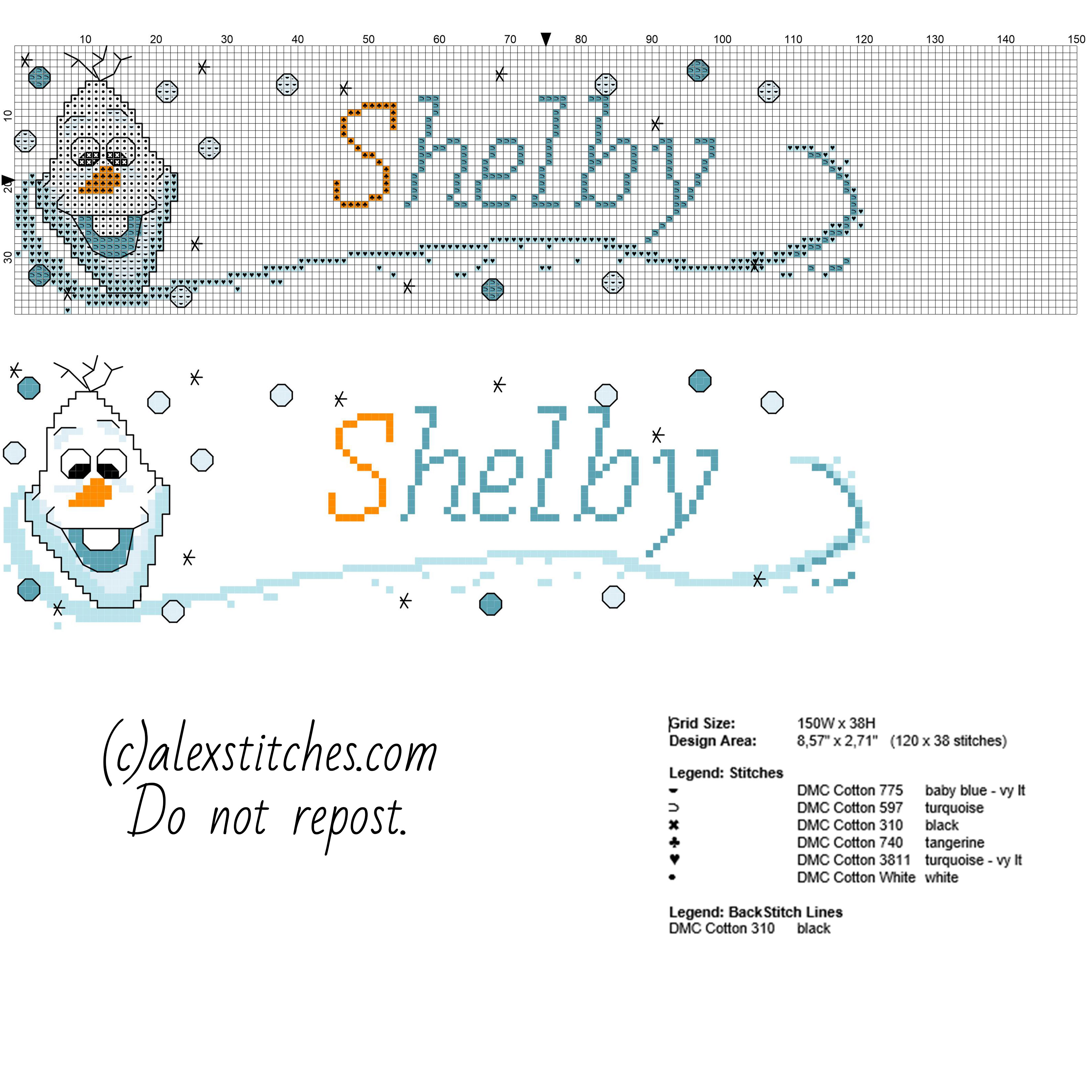 Shelby cross stitch baby name with Disney Olaf Frozen free cross stitch pattern